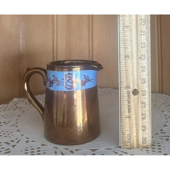 Antique Copper Lustreware Miniature Creamer Hand Painted Blue Floral Band Jug - Picture 2 of 8